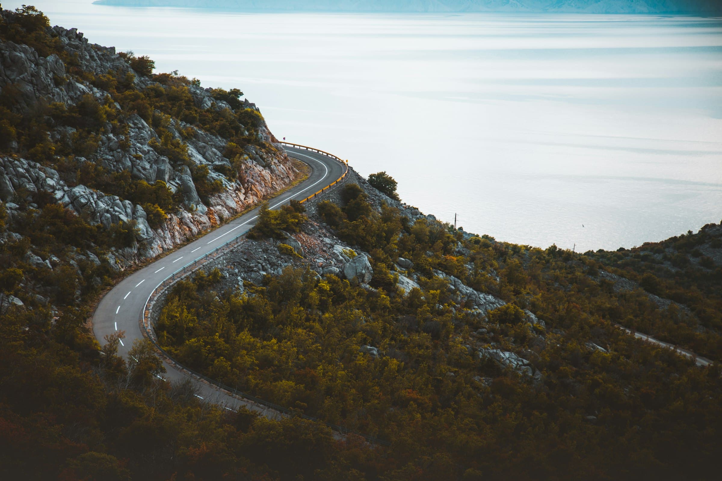 The Adriatic coast road winding above the sea in Croatia